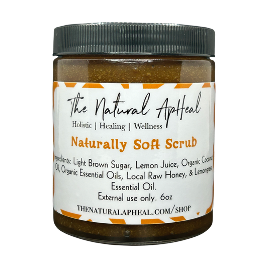 Jar of 'Naturally Soft Scrub' with a label on a white background