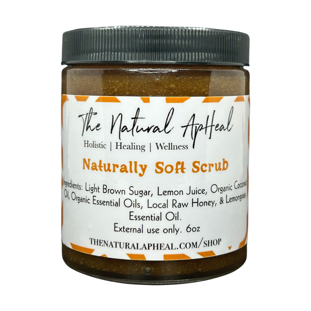 Jar of 'Naturally Soft Scrub' with a label on a white background